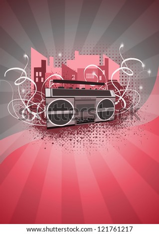 City and retro ghetto blaster poster background with space