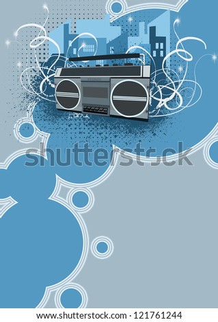 City and retro ghetto blaster poster background with space