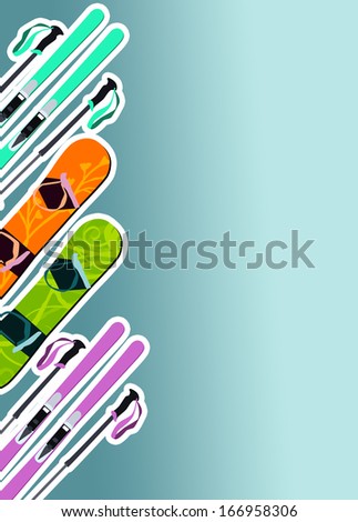 Winter sport, ski and snowboard poster or flyer background with space