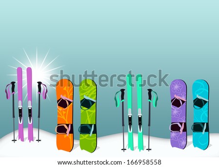 Winter sport, ski and snowboard poster or flyer background with space