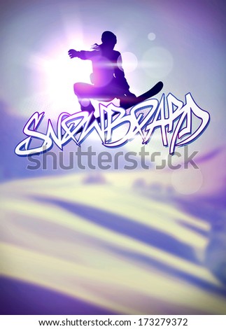 Winter sport vacation, snowboard jump poster or flyer background with space