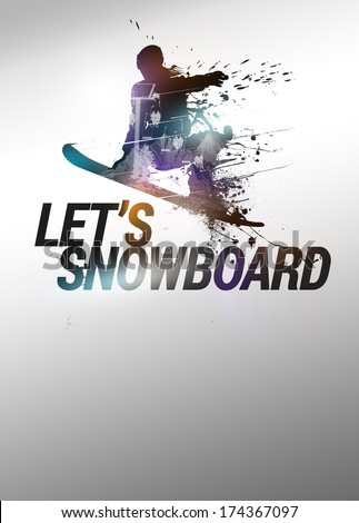 Winter sport vacation, snowboard jump poster or flyer background with space