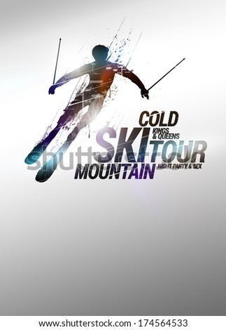 Winter sport vacation, skiing poster or flyer background with space