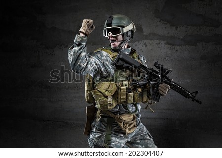 American Soldier shouting on dark background
