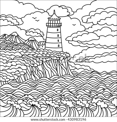 landscape with lighthouse, mountains, sky and sea line art coloring picture