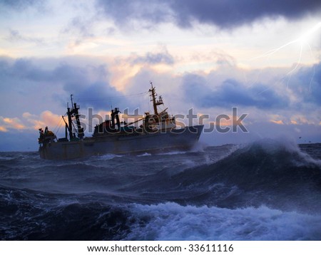 The fishing boat struggles for a life in a storm high water