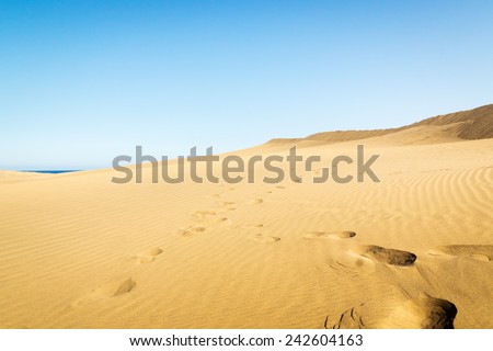 Blue sky and sand dunes with footprints. Canary islands, Maspalomas. Spain.