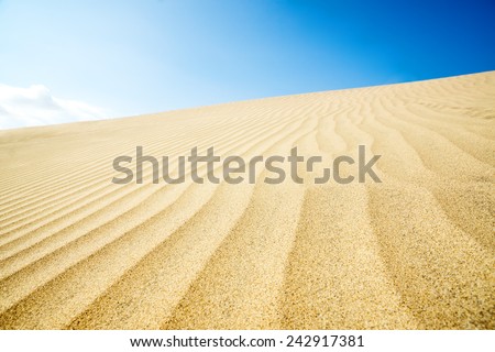 Blue sky and sand dunes. Sunny day. Canary islands, Maspalomas. Spain.