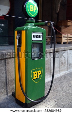 Utrecht, The Netherlands - Februari 27, 2015: Single Green Yellow BP (British Petroleum) fuel pump. BP is a British multinational company and the sixth largest oil and gas company in the world
