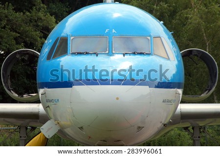 Lelystad, The Netherlands -June 21, 2014: Fokker 100, from Royal Dutch Airlines KLM Air France, without engines
