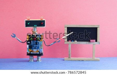 Robot teacher explains modern theory. Classroom interior with empty black chalkboard. Pink blue colorful background.