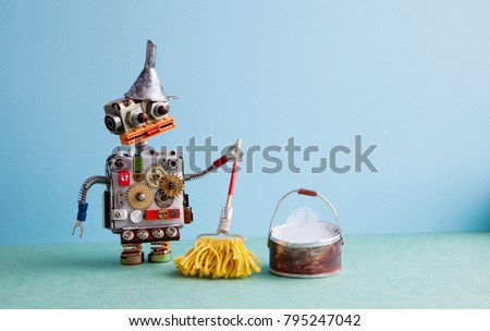 Artificial intelligence cleaning service concept. Robot washer with mop and bucket of water, mopping floor. Creative design toy funnel hopper, cogs wheels gears metallic body. Green blue background