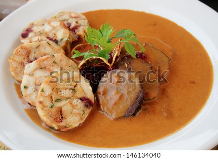 Veal fillet with rich sauce and dumplings - fancy made traditional Czech dish