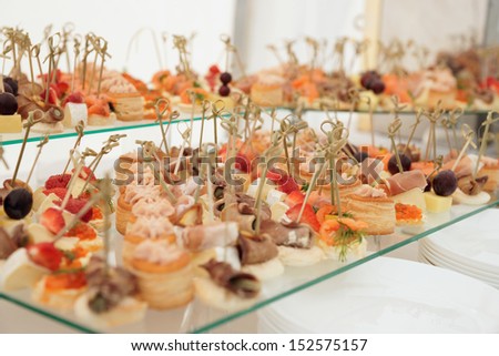 Fish, meat and cheese snacks in plate on banquet table
