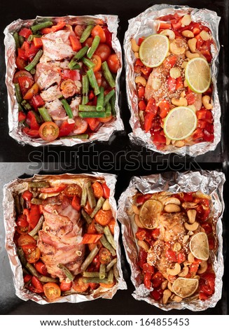 Set of two dishes before and after cooking shot from above
