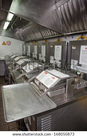 Deep fryers on restaurant kitchen, trademarks removed