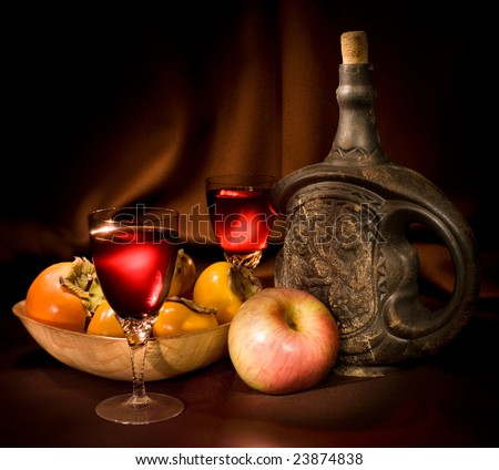 Wine and fruits. Light painting shot,  6 exposures used.