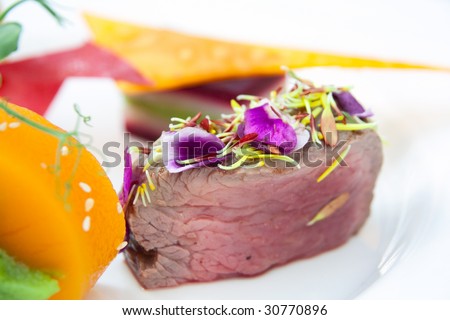 Angus beef in plate, haute cuisine decoration