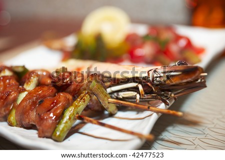 Grilled jumbo prawn and chicken fillet, japanese style food