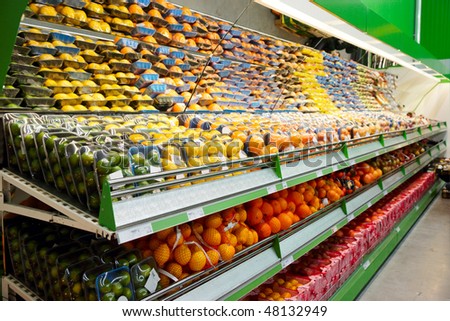 Shelf with fruits, TM\'s removed, price tags left in place and contain no copyright.