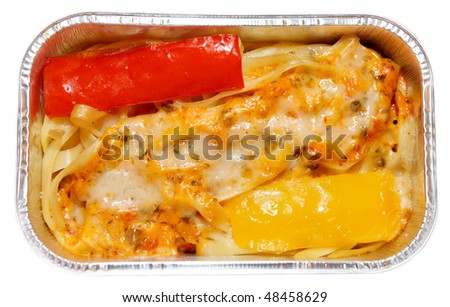 Cooked pasta with bell pepper in foil tray - airline meal