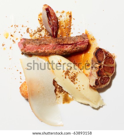 Red lamb meat on porcelain plate shot from above