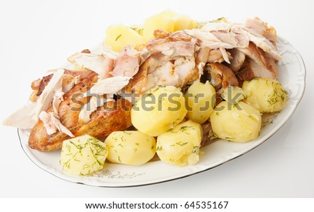 Boiled potatos and sliced turkey on porcelain plate
