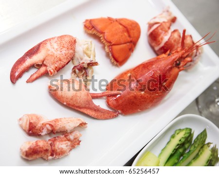 Edible parts of a lobster with head and tail for decoration