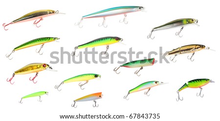 Set of plastic fishing lures isolated on white with and without shadows. Please look for fullsize images in my portfolio!