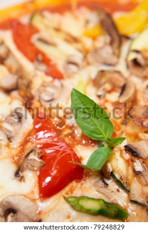 Tasty vegetable pizza close-up, selective focus, macro