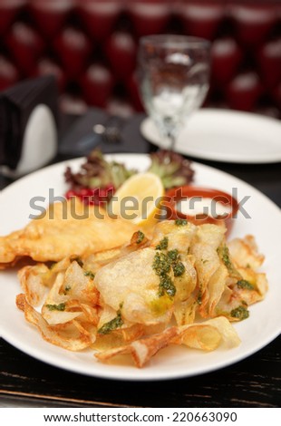 Fish and chips in plate, pub food