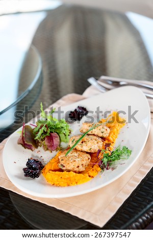 White meat patty cakes with pumpkin mash, copy space