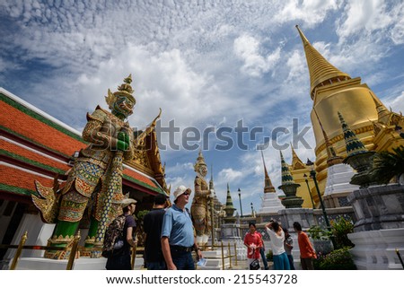 BANGKOK,THAILAND-JULY 22:The beautiful big ancient golden pagoda is the famous place for Thai and tourists to visit at Wat Prakeaw temple on July 22,2012 in Bangkok,Thailand