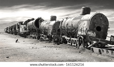 Lonely Train wreck in Altiplano/Train cemetery/Uyuni salar flat near Potosi