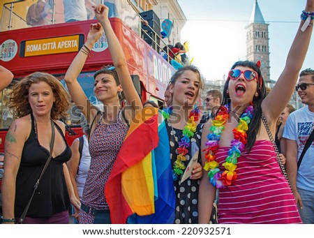 ROME, JUNE 15: Girls sing and dance at the Gay Pride on June 15, 2013 in Rome, Italy