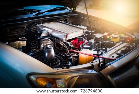 Car crash open hood car mechanic to check condition of damage. See the radiator cooling panel Engine and electronic system for mechanic to check damage thoroughly to repair engine to complete for use