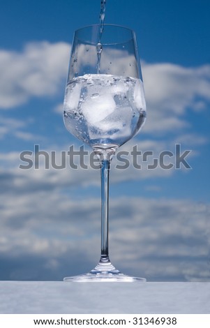 filling water in glass with ice on cloudy sky background