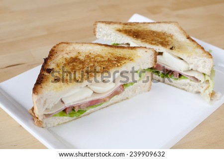 Toasted sandwich with cheese, lettuce, egg and ham on white dish.
