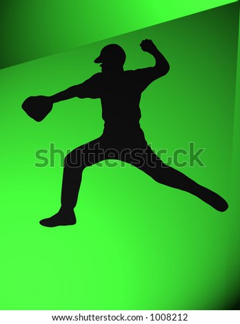 Pitcher about to throw a baseball. Silhouette. Black over green background.Illustration