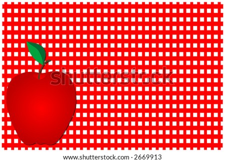 Red apple with stem and leaf over red plaid background.