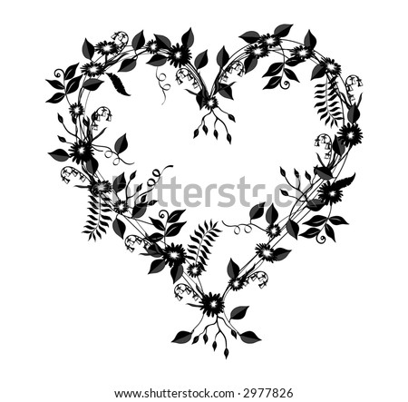 stock photo : Heart shaped illustration with flowers, vines and leaves in 