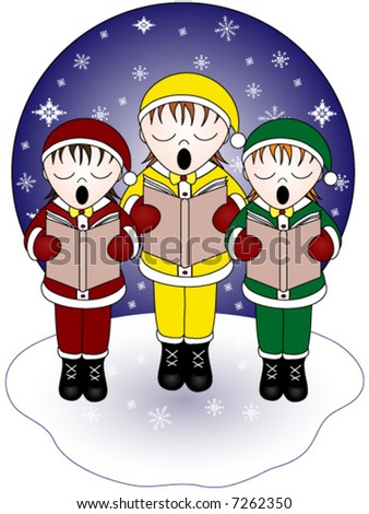 stock vector : Three christmas carolers singing in the snow, vector.