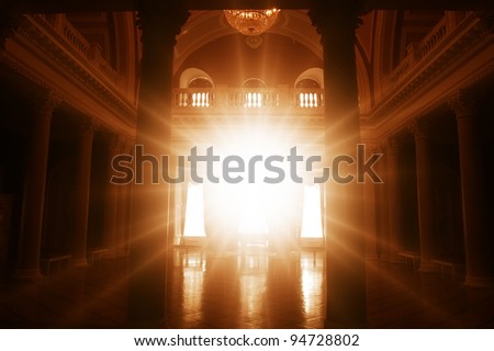 ancient palace interior with a bright light ahead