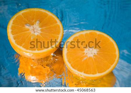 Oranges of gold color in a stream of water