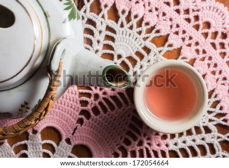 Top view image of tea kit  on tablecloth,