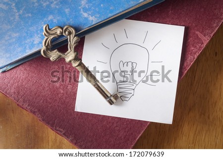 Key for good idea,Antique key with idea paper on book.
