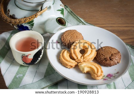 Cookies with tea kit,food background.