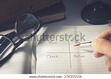 Human hand writing Plan Do Check Action,administration concept.