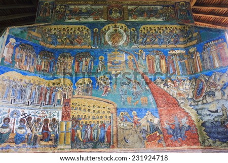 Representation of the Last Judgment on the west wall at Voronet monastery,Bucovina. Voronet is a monastery in Romania, located in the town of Gura Humorului, Moldavia.