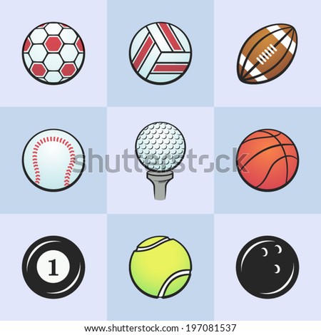 Collection of sport icons. Colored vector sport balls. Vector icons set isolated on light blue background.